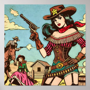Vintage Niedliche Cowgirl-Comicen Poster