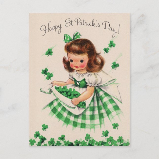 Vintage Niedliche Girl Kleeblatt St Patrick's Day  Postkarte (Vorderseite)