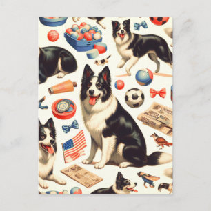 Vintage Niedliche Grenz-Collie-Illustration Postkarte