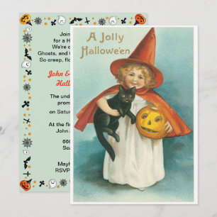 Vintage Niedliche Hexe mit KatzenHalloween Einladung