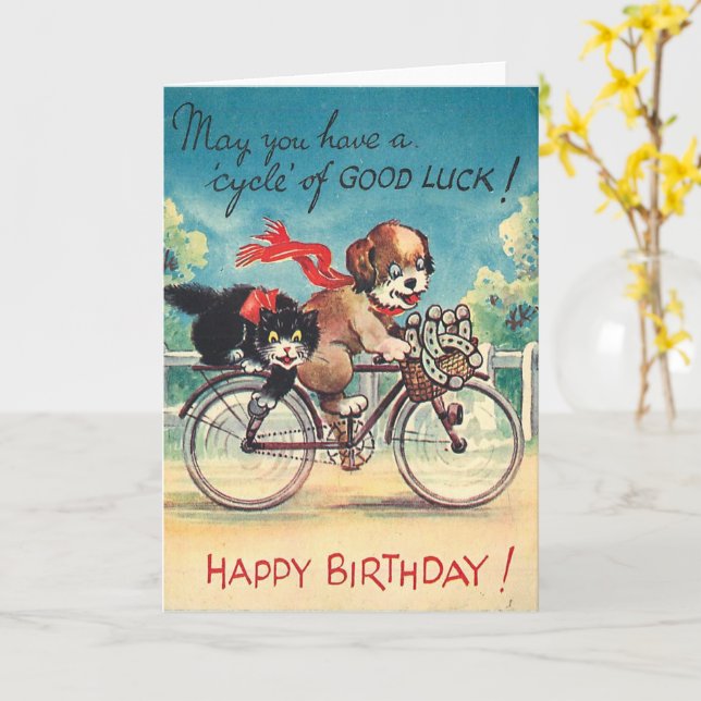 Vintage Niedliche Katze und Hunde Karte (Gelbe Blume)