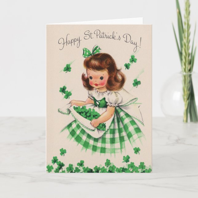 Vintage niedliche Mädchen-Kleeblatt-St Patrick Karte (Vorderseite)