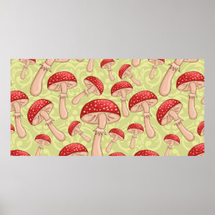 Vintage niedliche nahtlose Sketch amanita Pilze ba Poster