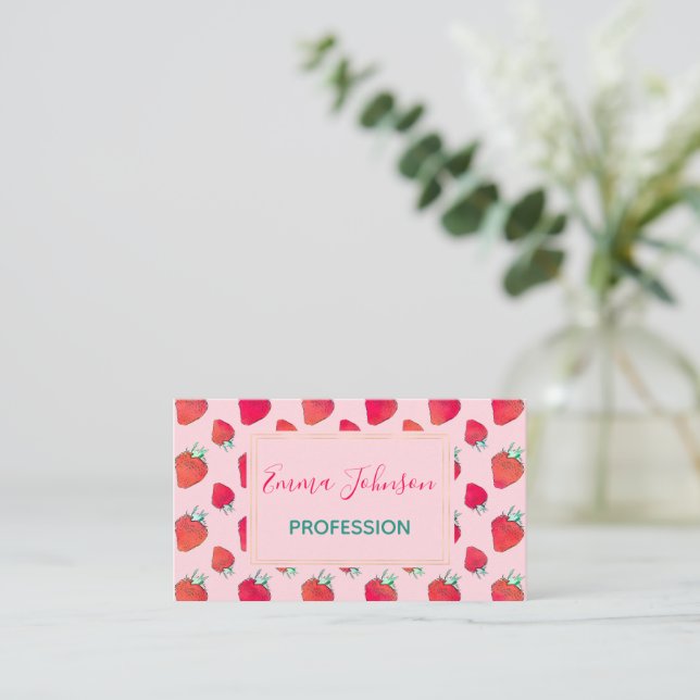 Vintage Niedliche Rote Erdbeeren Girly Pink Muster Visitenkarte (Stehend Vorderseite)