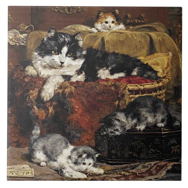 Vintage Niedliche Schwarz-Weiß-Katze mit Kätzchen Fliese (Vorderseite)