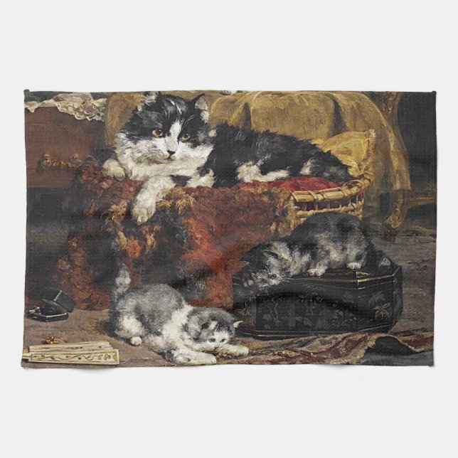 Vintage Niedliche Schwarz-Weiß-Katze mit Kätzchen Geschirrtuch (Horizontal)