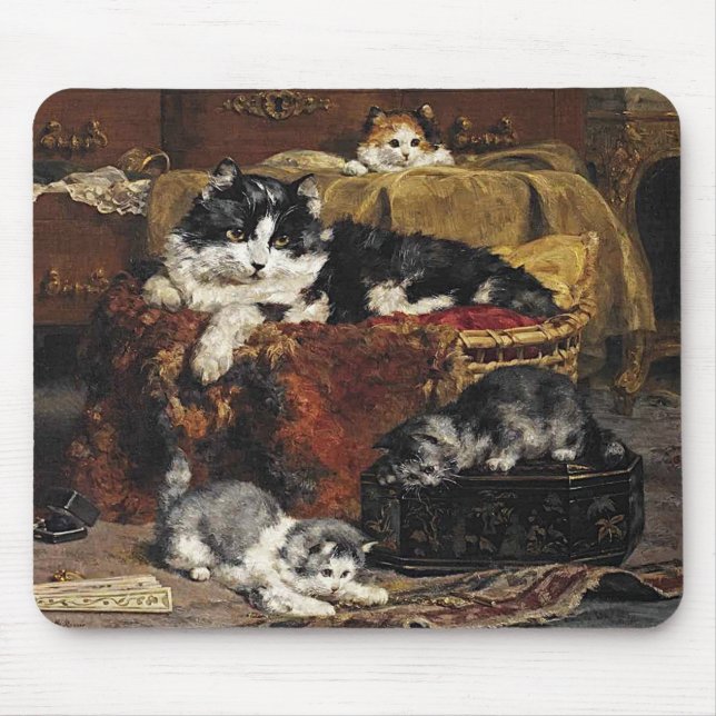 Vintage Niedliche Schwarz-Weiß-Katze mit Kätzchen Mousepad (Vorne)