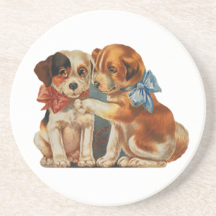 Vintage Niedliche Valentinin-Liebe, zwei Hunde Mut Sandstein Untersetzer
