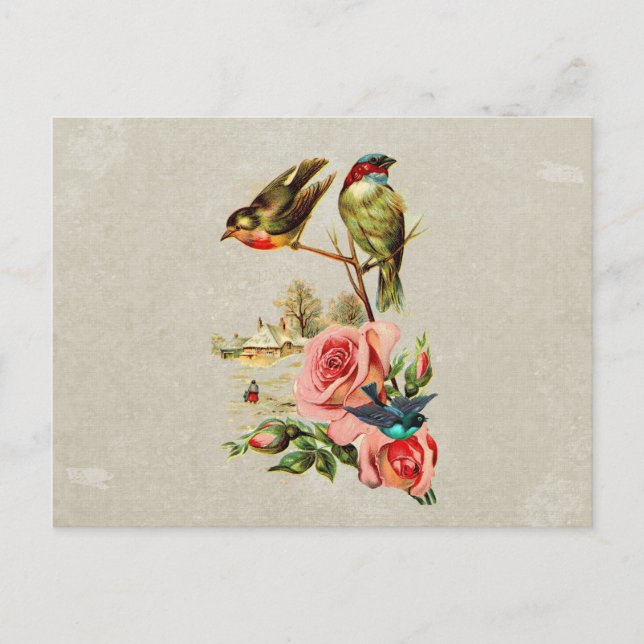 Vintage Niedliche Vögel & Rose Landschaftsmalerei Postkarte (Vorderseite)