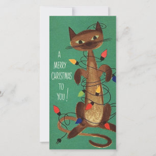 Vintage Noël Chat En Lumière Carte de Vacances