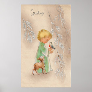 Vintage Noël enfant et cerf Affiche de vacances