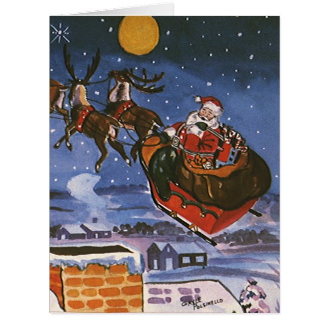 Vintage Noël Le Père Noël Volant Son Sommeil (Devant)