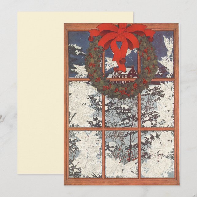 Vintage Noël Wreath in Window Invitation (Devant / Derrière)