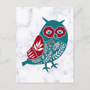 Vintage Nordic Blau Rotes Blumenmuster Eule auf Ma Postkarte