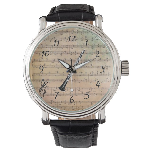 Vintage Noten mit Klarinette Armbanduhr (Vorderseite)