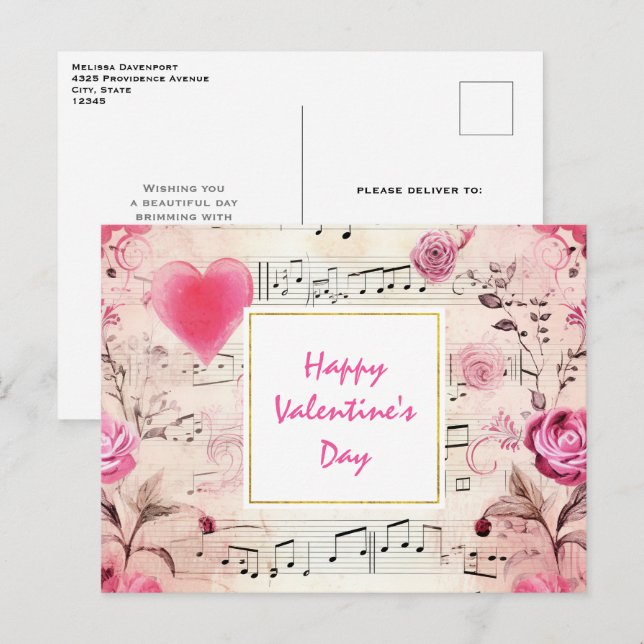 Vintage Noten und Rose Feiertagspostkarte (Vorne/Hinten)