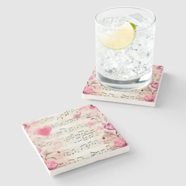 Vintage Noten und Rose Steinuntersetzer (Seitenansicht)