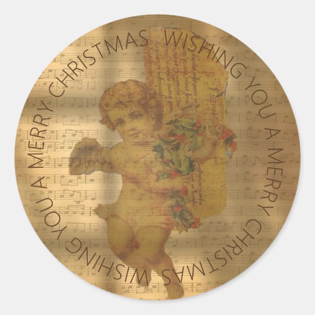 Vintage Noten und verblasste Engel Weihnachten Runder Aufkleber (Vorderseite)