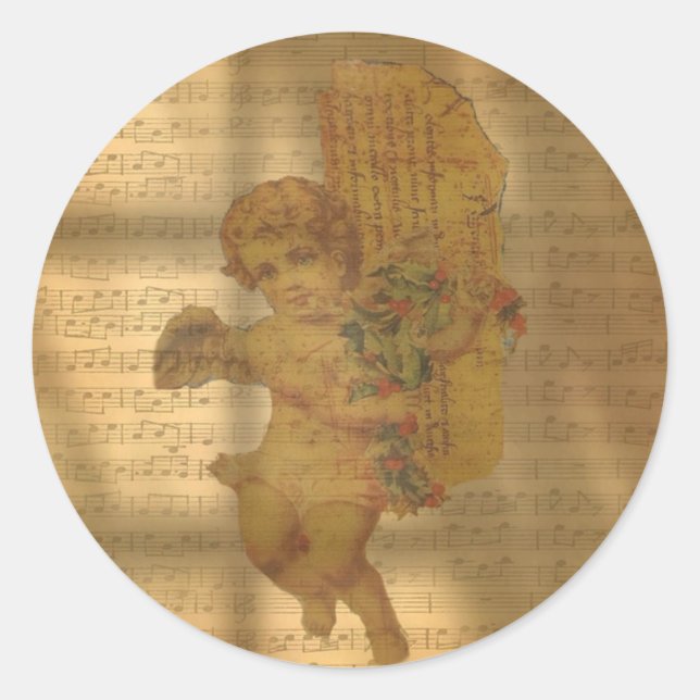 Vintage Noten und verblasste Engel Weihnachten Runder Aufkleber (Vorderseite)