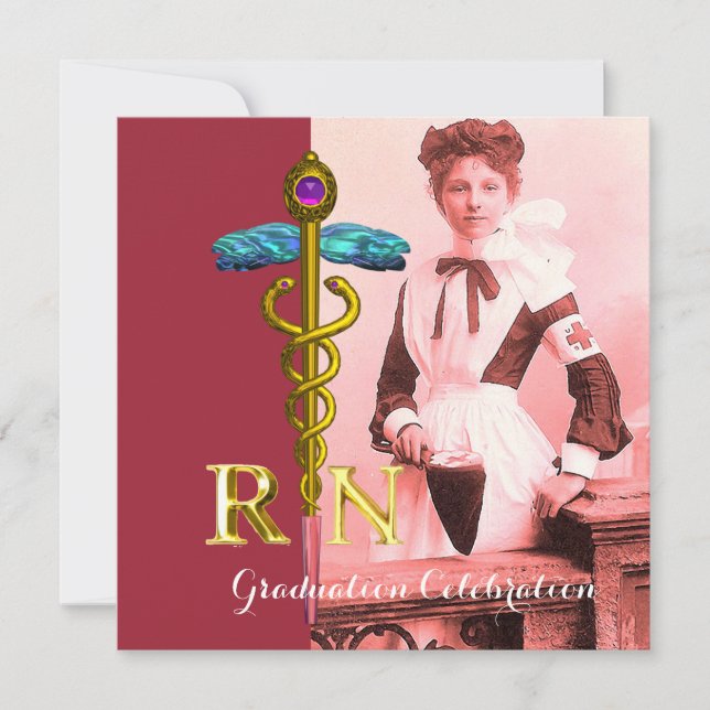 VINTAGE NURSE und Gold Caduceus Emblem Abschluss Einladung (Vorderseite)