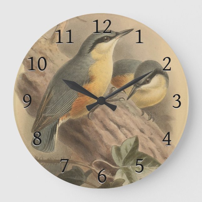 Vintage NuthatchIllustration Große Wanduhr (Vorderseite)