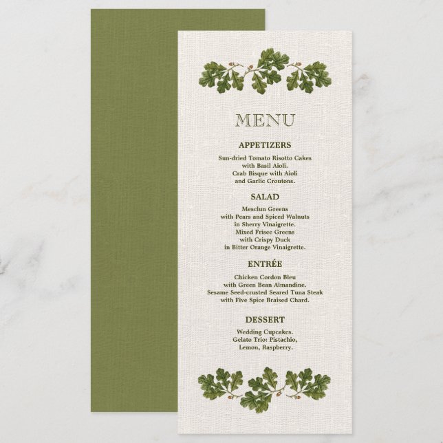 Vintage Oak Blätter Burlap Wedding Menu Card Menükarte (Vorne/Hinten)