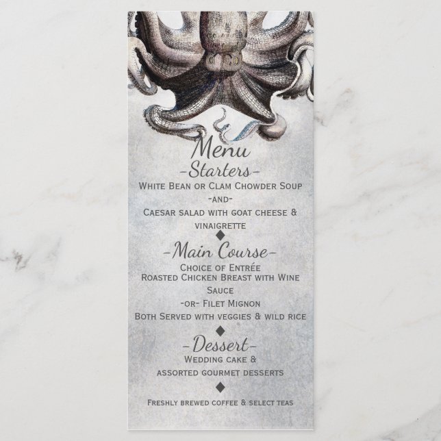 Vintage Octopus Beach Wedding Elegante Menu Card Menükarte (Vorderseite)