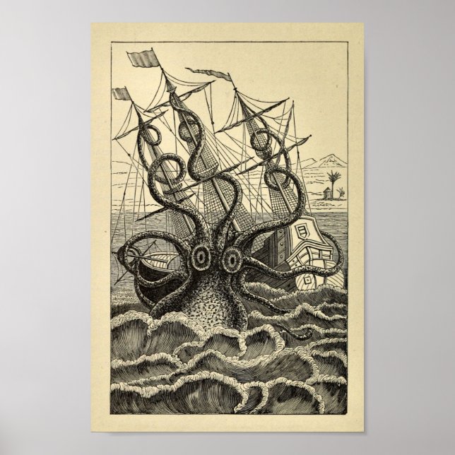 Vintage Octopus Ship Art Print Poster (Vorne)