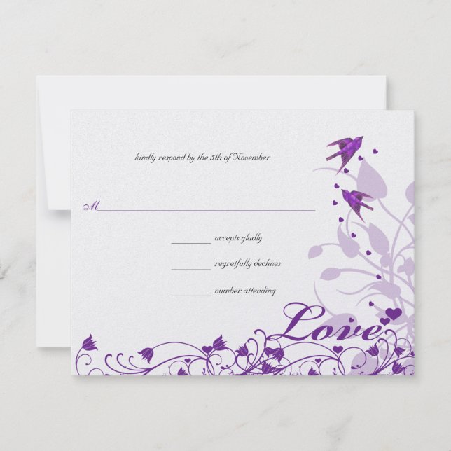 Vintage Oiseaux pourpres Coeurs Mariage RSVP (Devant)
