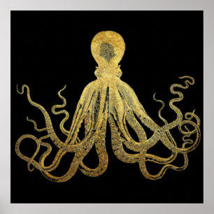 Vintage-Oktopus Gold-Schwarze Tinte Küsten-Nautik Poster