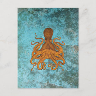 Vintage-Oktopus-Illustration auf Türkis Postkarte