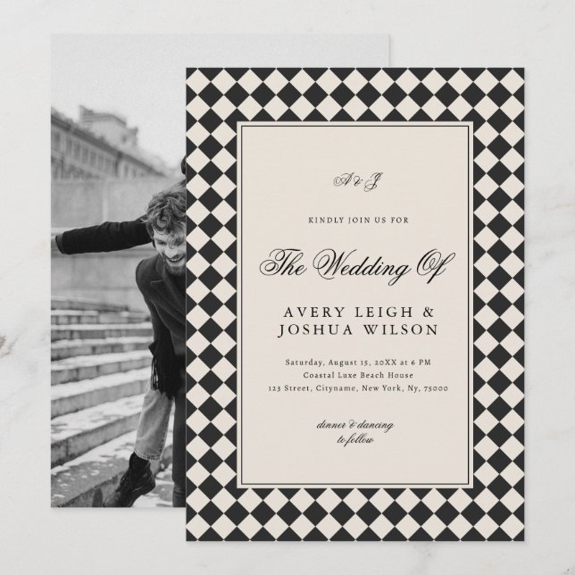 Vintage Old Money Preppy Checkered Photo Wedding Einladung (Vorne/Hinten)