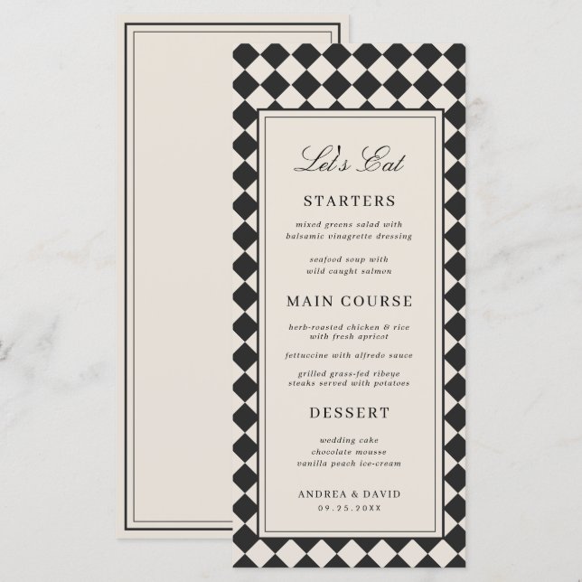 Vintage Old Money Preppy Checkered Retro Wedding Menükarte (Vorne/Hinten)