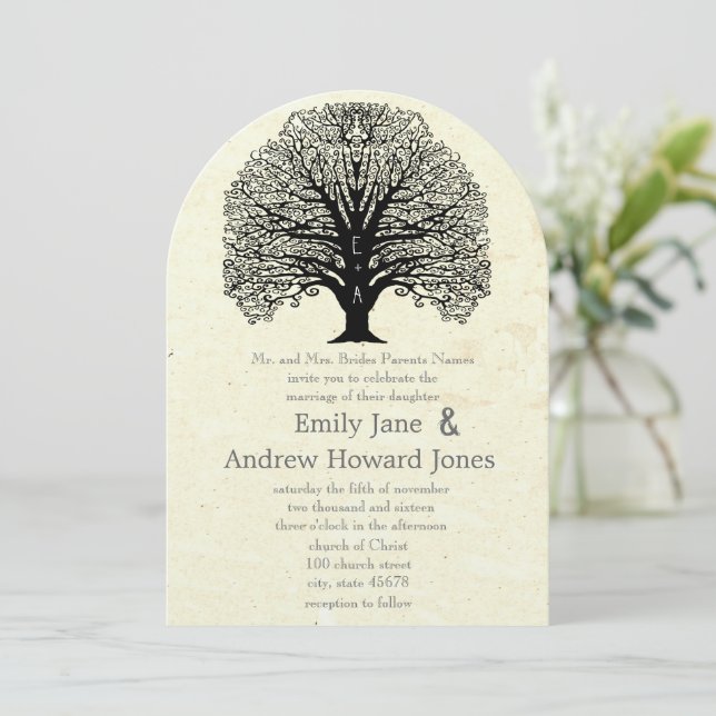 Vintage Old Paper Swirl Tree Wedding Invitations Einladung (Stehend Vorderseite)