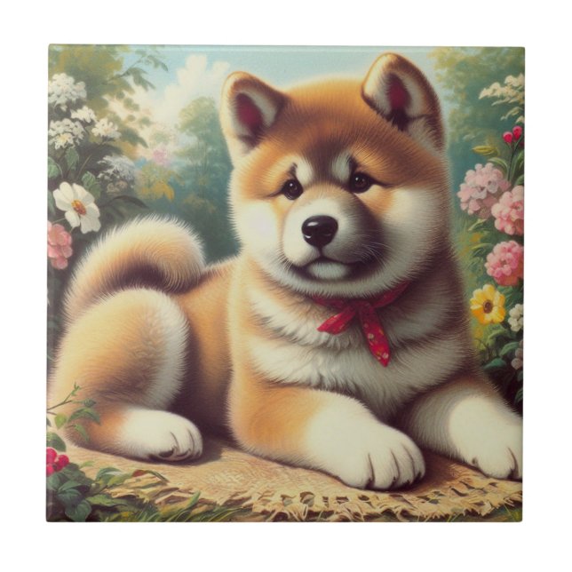 Vintage Ölgemälde Akita Fliese (Vorderseite)
