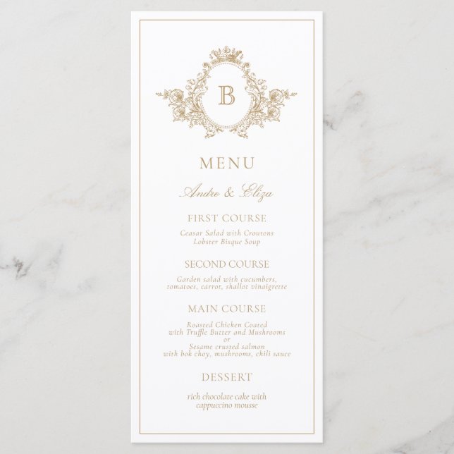 Vintage or et blanc Monogram Crest Mariage Menu (Devant)