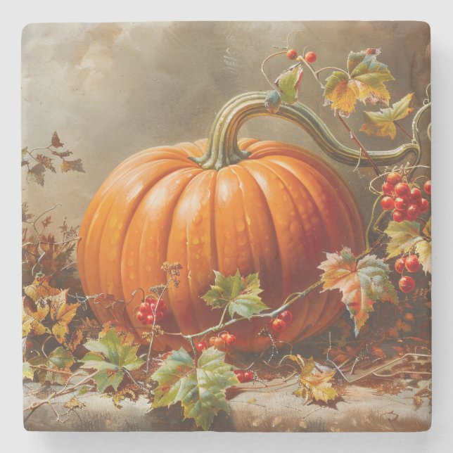 Vintage Orange Pumpkin Malerei Steinuntersetzer (Vorderseite)