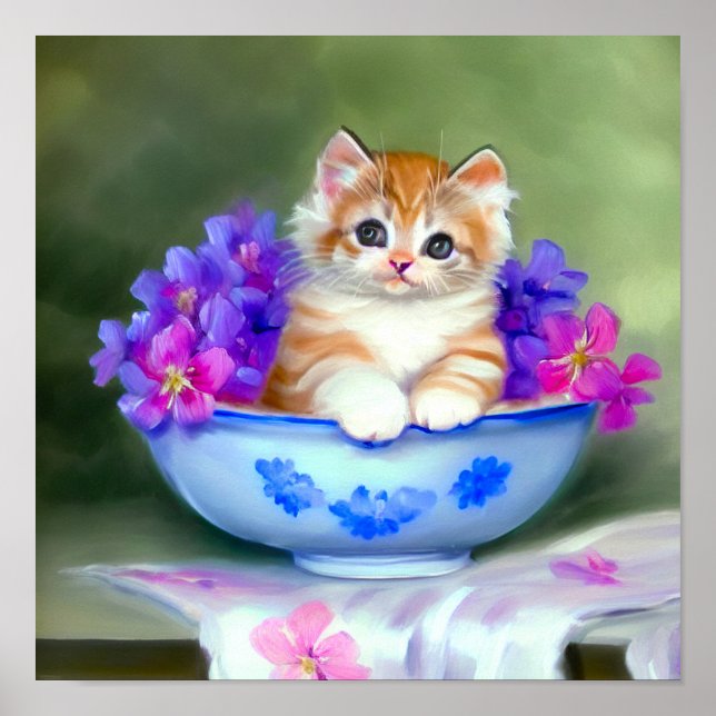 Vintage Orange- und White Kitten-Illustration Poster (Vorne)