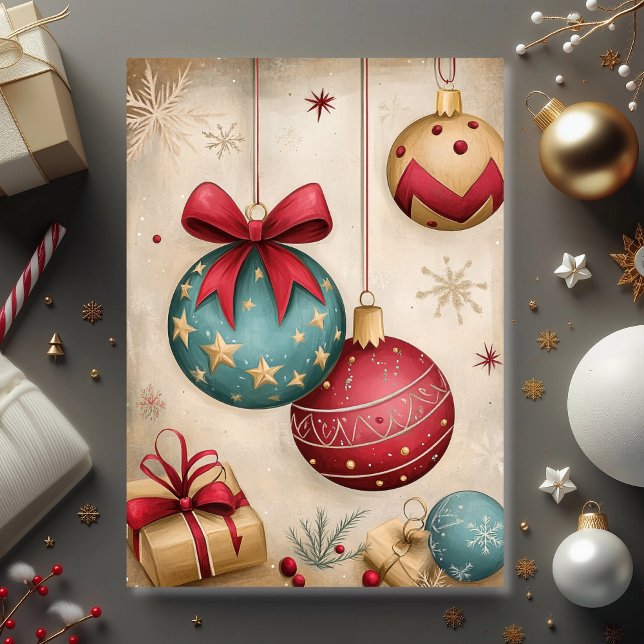 Vintage Ornament Treasure  Karte (Vintage ornaments and bows create a timeless Christmas greeting card)