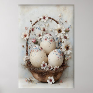 Vintage-Oster-Blumenkorb-Eier-Druck, Farmhaus Poster