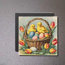 Vintage Osterchicks & Tulpen - Magnetkarte