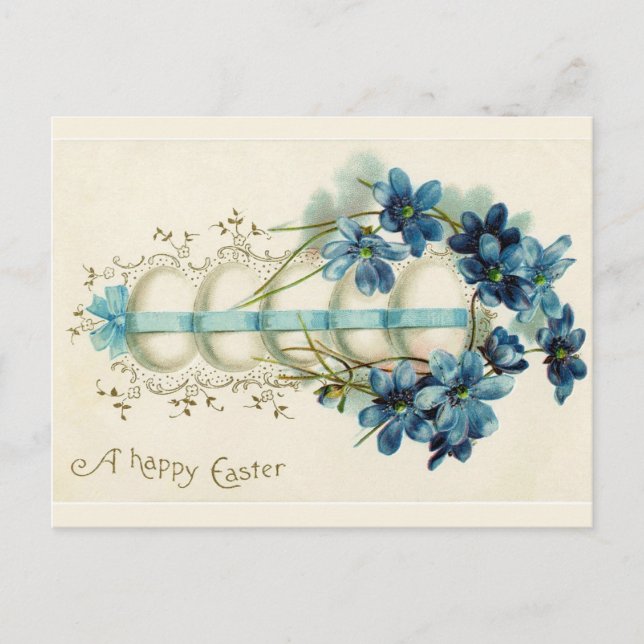 Vintage Ostereier mit blauer Schleife Postkarte (Vorderseite)