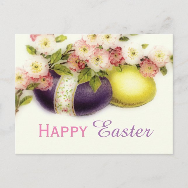 Vintage Ostereier mit Kirschblüte Feiertagspostkarte (Vorderseite)