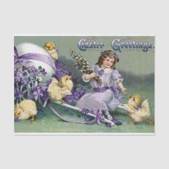 Vintage Ostergruß Girl Ei Kick Carriage Seidenpapier (Vorderseite)