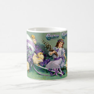 Vintage Ostergrüße Mädchen Ei Küken Karre Kaffeetasse
