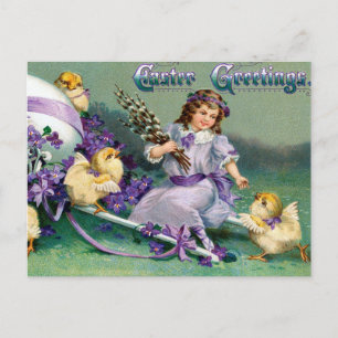 Vintage Ostergrüße Mädchen Ei Küken Kutsche Postkarte
