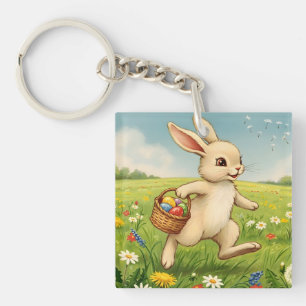 Vintage Osterhase auf einer Frühlingswiese Schlüsselanhänger