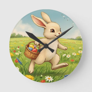 Vintage Osterhase auf Frühlingswiese  Runde Wanduhr
