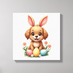 Vintage-Osterhase-Hund-Süße-Welpen-Illustration w Leinwanddruck