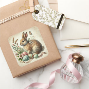 Vintage-Osterhase-Kaninchen-Ei-Aquarell Quadratischer Aufkleber